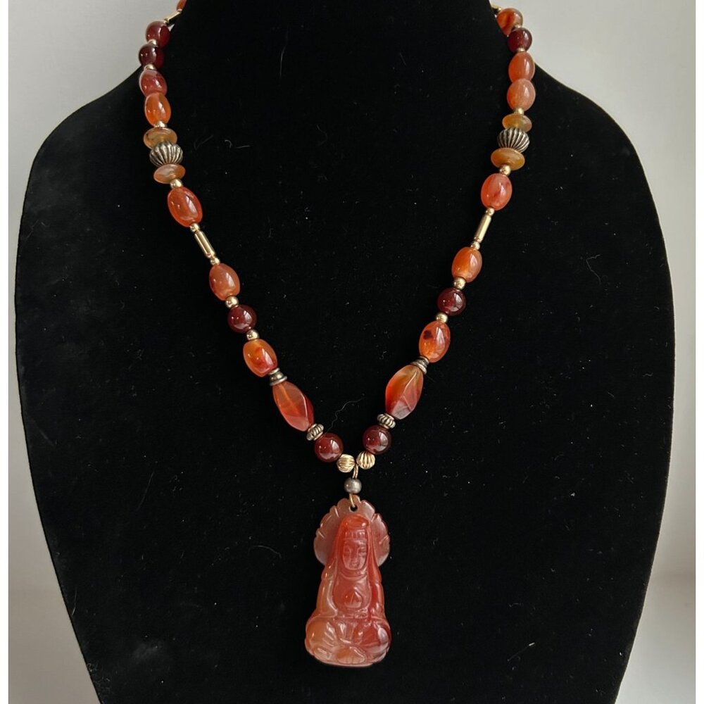 14k GF Carnelian Agate Beaded Necklace with Carved Guan Yin Buddhist